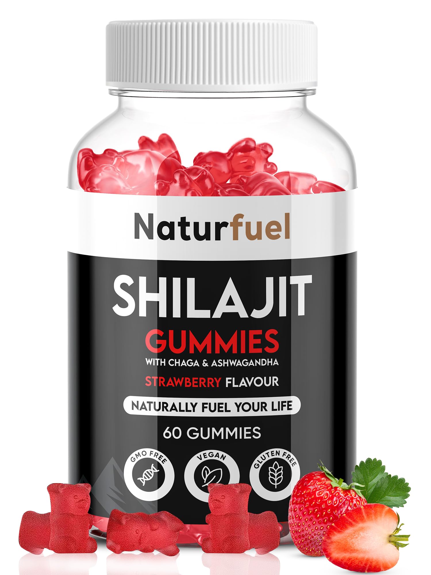 Shilajit Gummies, with Ashwagandha & Chaga, Strawberry Flavour, Rich in Fulvic Acid, Supports Immune System & Vitality, Vegan, Gluten Free, 60 Gummies