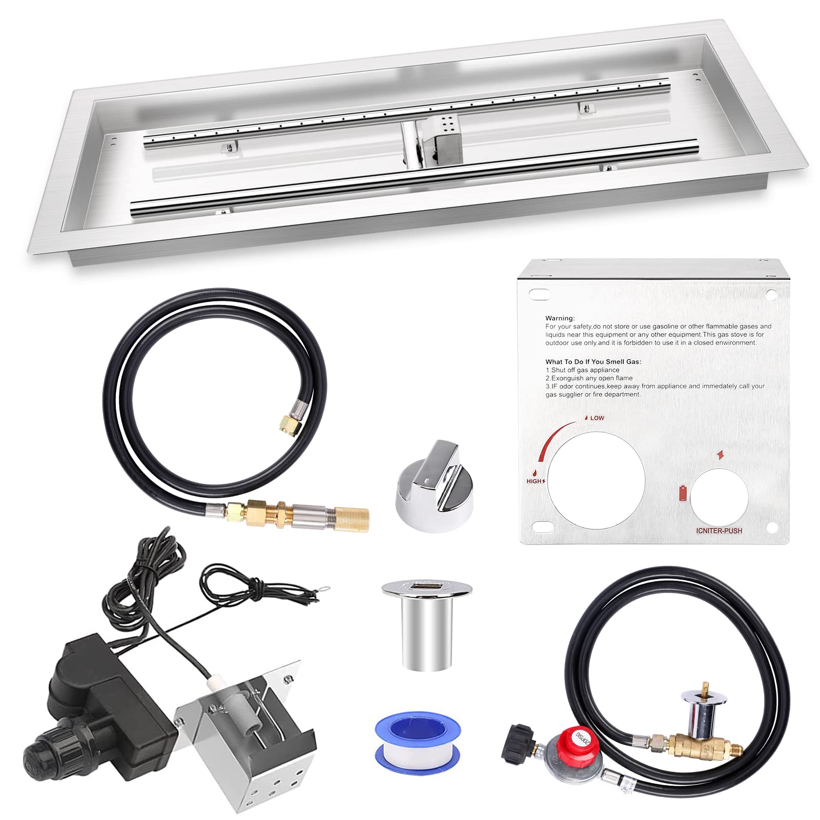 QuliMetal 36" x 12" Drop-in Fire Pit Pan, SUS304 Rectangular with H-Shaped Burner Fire Pit Pan Insert Kit, with Spark Ignition Kit, with Propane Hose Kit, for Indoor Outdoor Propane Fire Pit