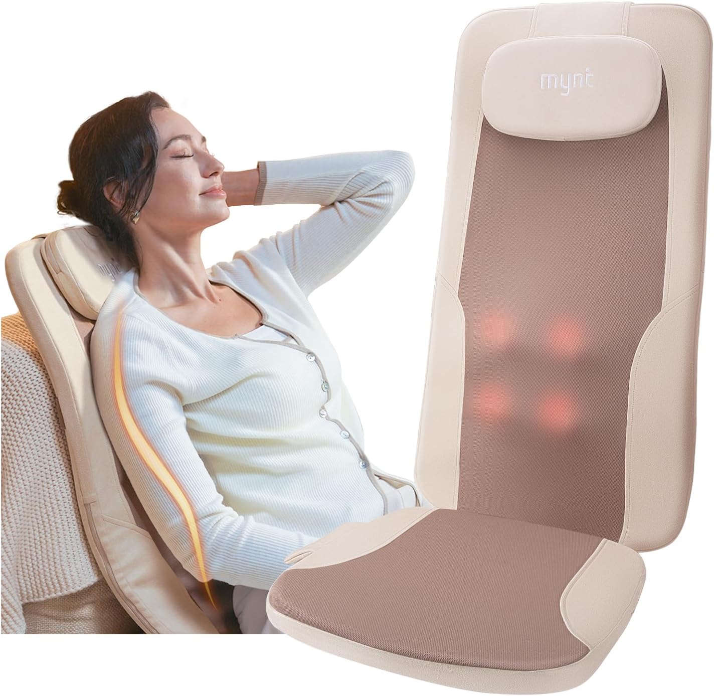 Mynt FSA HSA Eligible Foldable Back Massager, Chair Massager with Soothing Heat, Flexible Massage Chair Pad with Soft S-Curve Longer Track Adjustable Pillow for Diverse Body Contours, FSA/HSA Approved