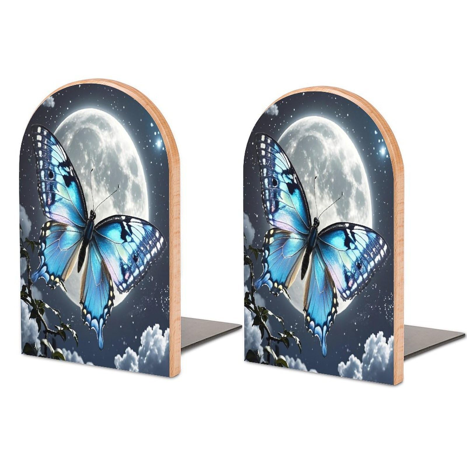 Blue Butterfly and Moon Bookend for Shelves Unique Book End Sturdy Books Holder Heavy Duty Wooden Bookends Support Non-Slip Book Organizers Decorative Modern Bookend Holder for Home