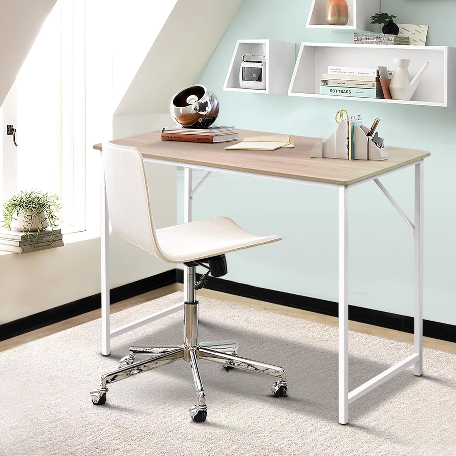 Artiss Computer Desk 100cm Oak Particle Board White Steel Frame Office
