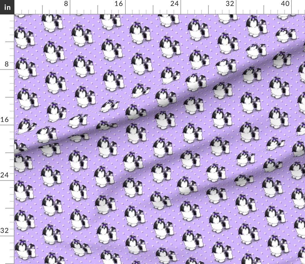 Spoonflower Fabric - Shih Tzu Black Violet Dogs Puppy Hearts Daisies Printed on Petal Signature Cotton Fabric by The Yard - Sewing Quilting Apparel Crafts Decor
