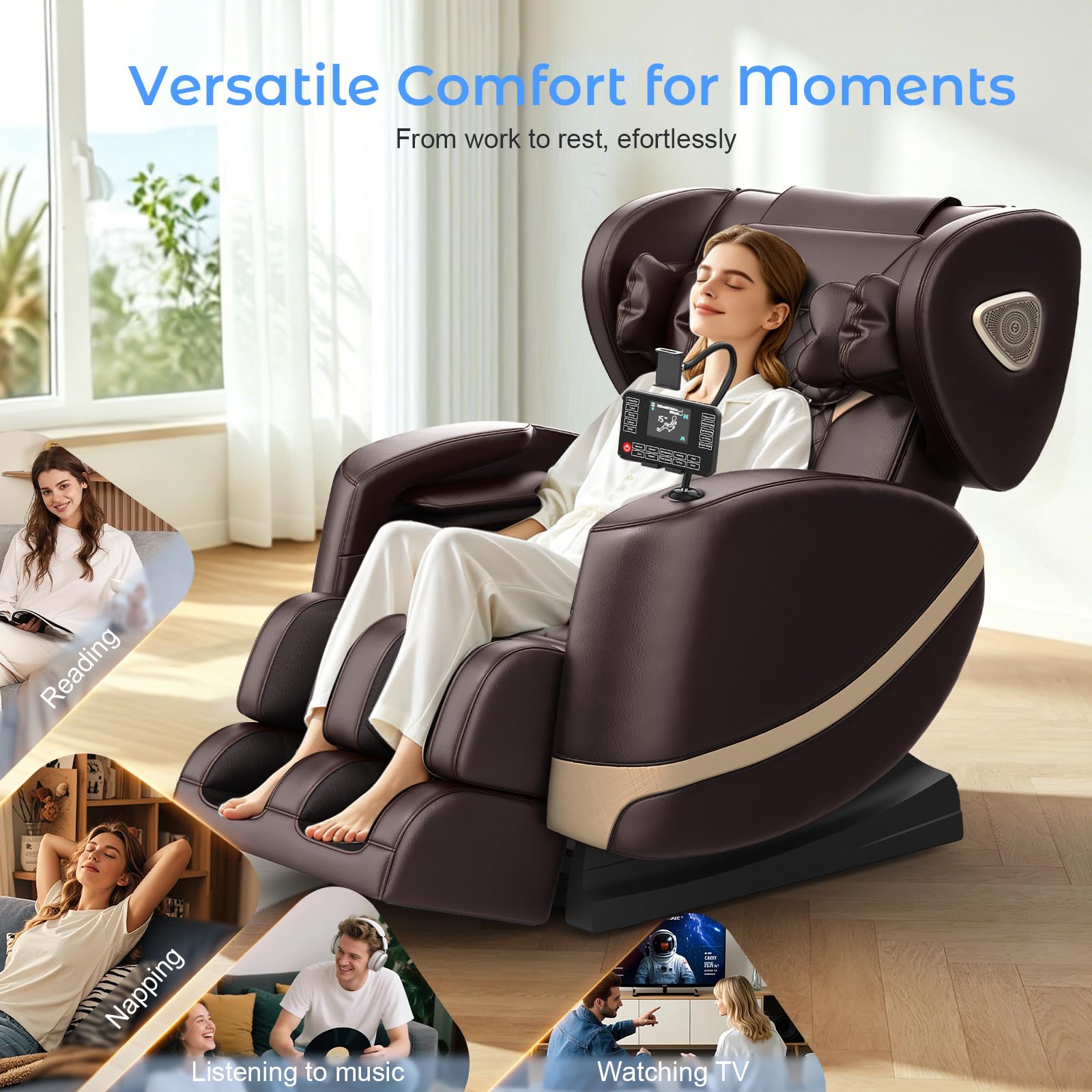 Poltrona Massaggiante per Tutto il Corpo con Rulli e Airbag, Funzione Zero Gravity, Altoparlanti Bluetooth e Touchscreen, Funzione Riscaldante per Vita e Gambe, con Massaggio Plantare (Marrone)