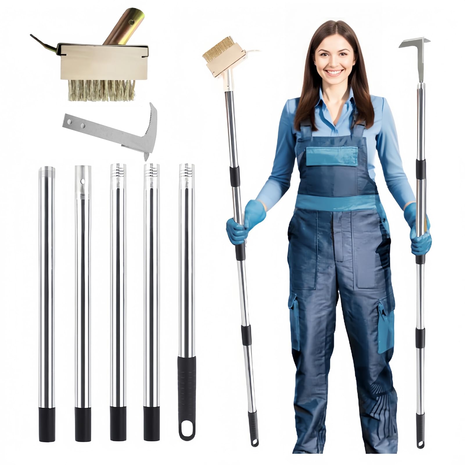 Ensemble d'outils de désherbage 2 en 1, crochet en acier inoxydable de 1,5 m et brosse en laiton, désherbant manuel pour pavés, allées, allées, fissures de jardin