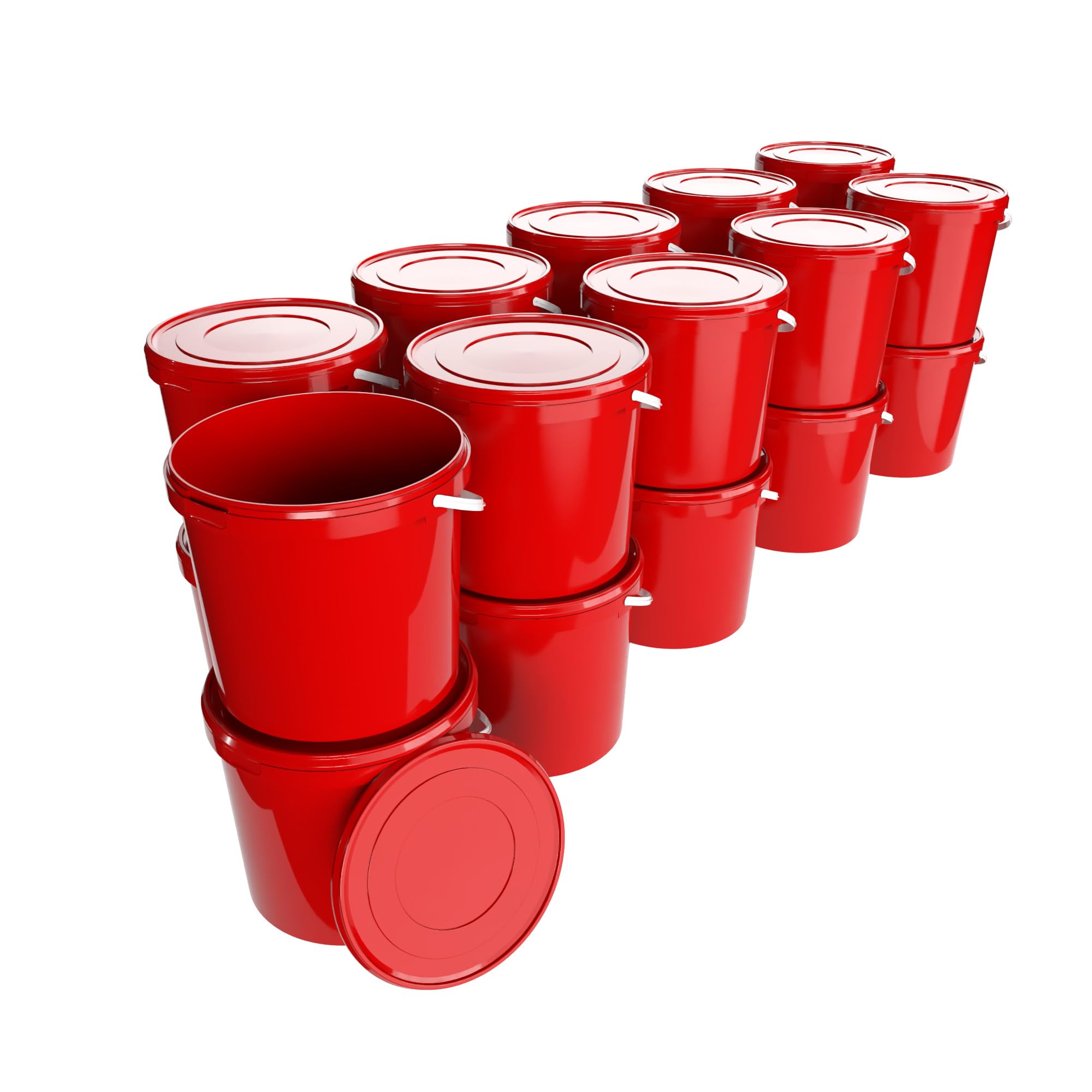 20 Buckets with Lid, 10 L, Red, Round, Plastic Bucket, Food-Safe, Airtight and Stable, Empty Bucket with Handle and Lid for Food, Chemistry, Washing Powder, Adhesives