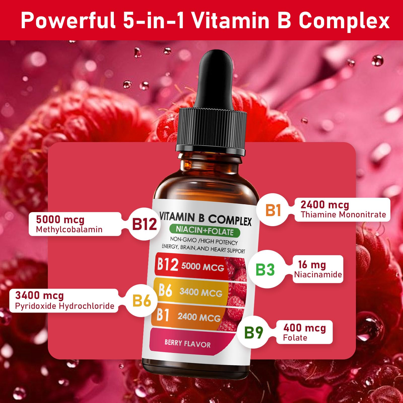 Vitamin B12 Complex with B1, B6, Vitamin B12 Raspberry Liquid Supplement, Essential Vitamin 5-in-1 Vitamin B Complex Liquid Drops, Brain Function, Focus, and Natural Energy Support (2PCS) — Amazon image 2