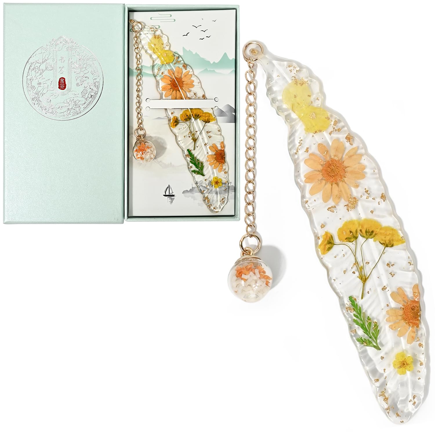 Pressed Flower Bookmark Pendant Bookmark Handmade Resin Book Lover Gift for Women, Teachers, Mothers（Orange）
