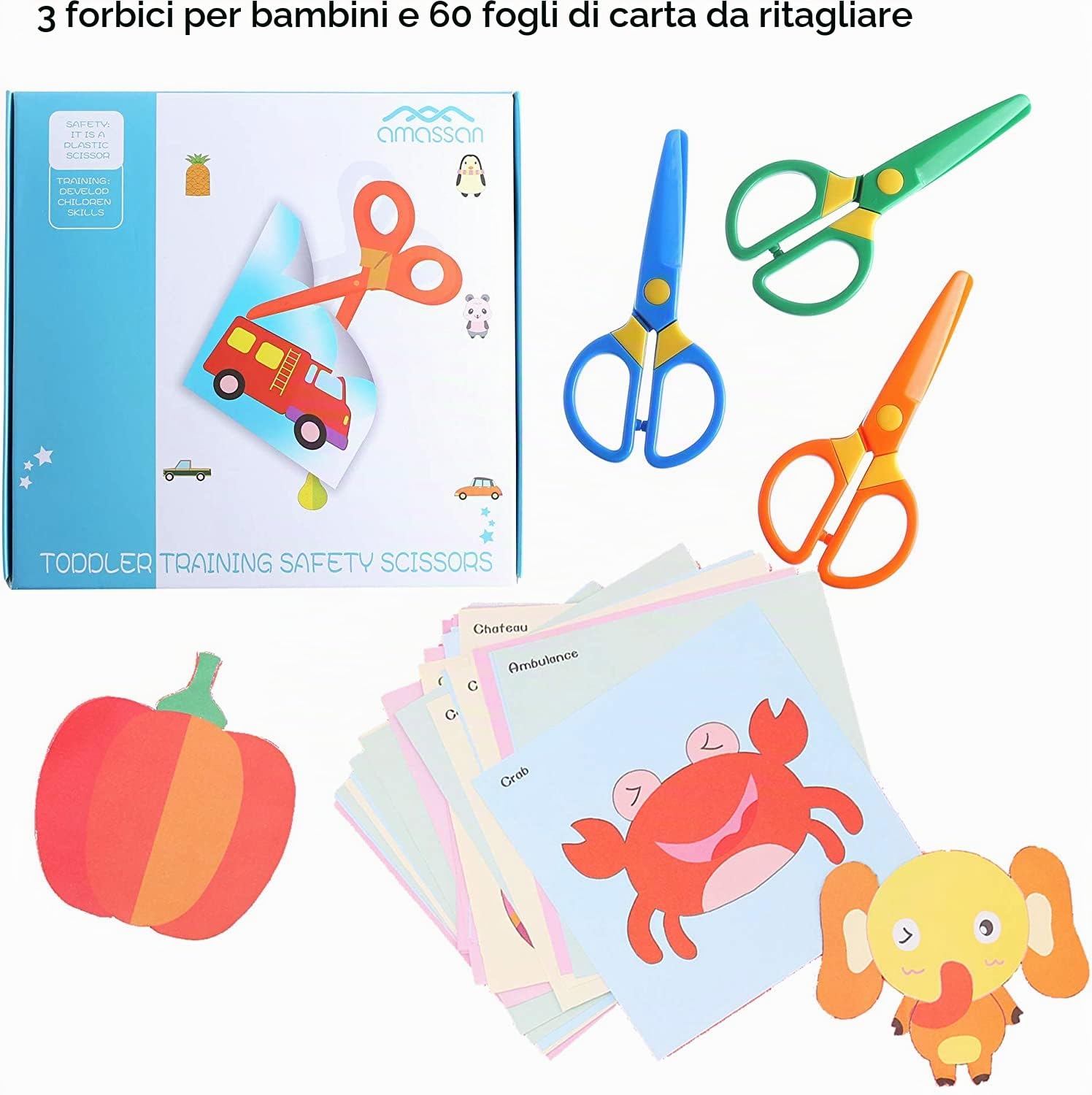 Forbici Sicurezza Bambini 1-3 Anni + 60 Fogli per Taglio | Punta Smussata Ergonomiche, Sicure per Asilo e Scuola Materna | Strumento Educativo per Sviluppo Motorio Infantile