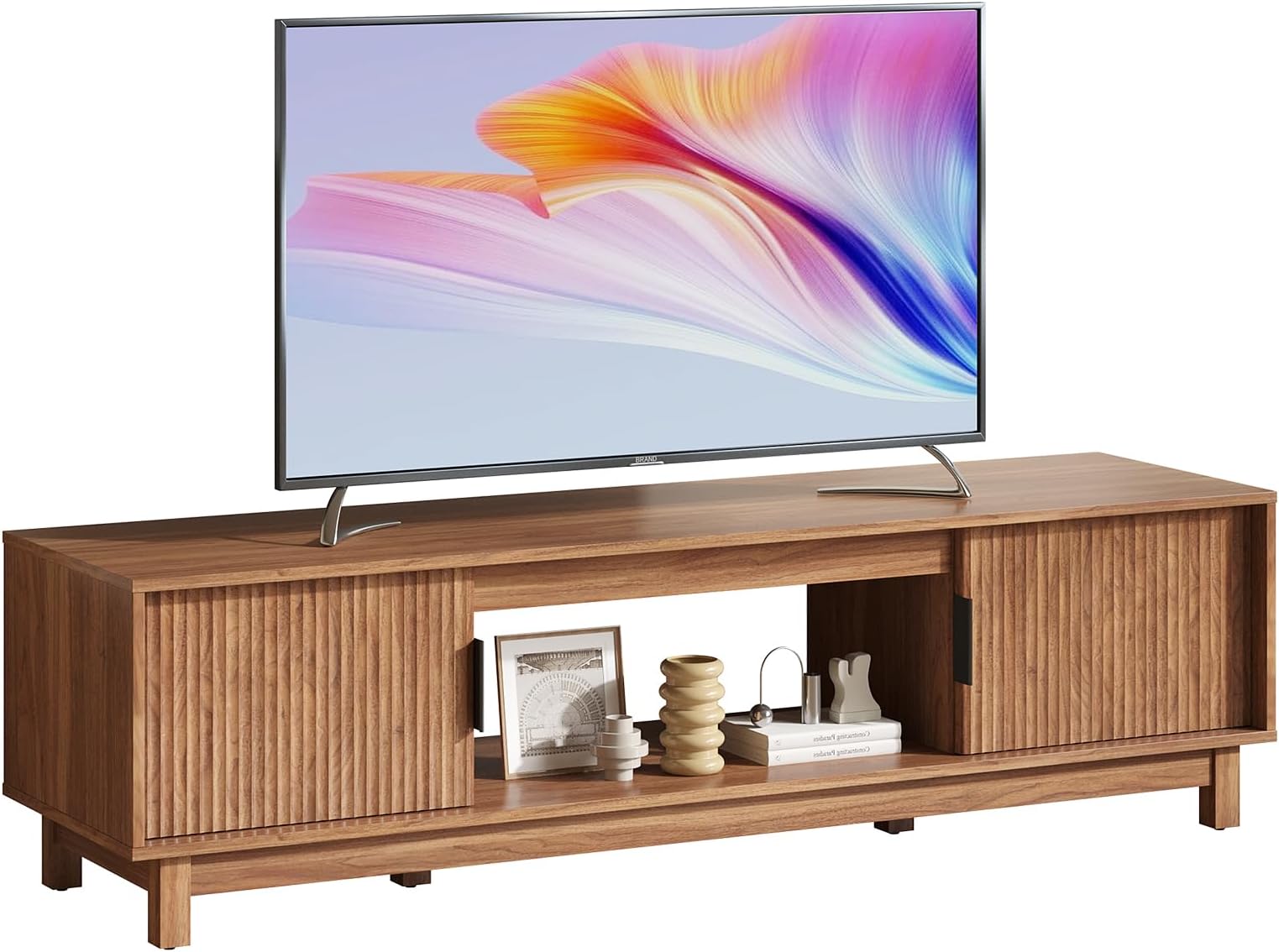 DUMOS Mid Century Modern TV Stand, Mocha Brown Wood Entertainment Center with Storage Cabinets, Media Console Table with Straight Legs & Cable Management for Living Room, Bedroom, Office 58"