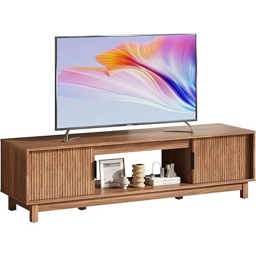 DUMOS 58" Mid Century Modern TV Stand, Mocha Brown Wood Entertainment Center with Storage Cabinets, Media Console Table with Straight Legs & Cable Management for Living Room, Bedroom, Office