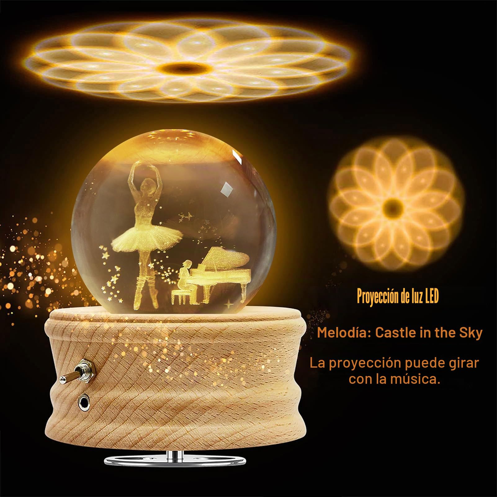 Caja de Música con Bola de Cristal 3D, Caja de Música Giratoria 360° Luminosa con Proyección de luz y Base de Madera para Niños, Esposas, Madres, Regalo Decorativo Creativo(Princesa de Ballet)