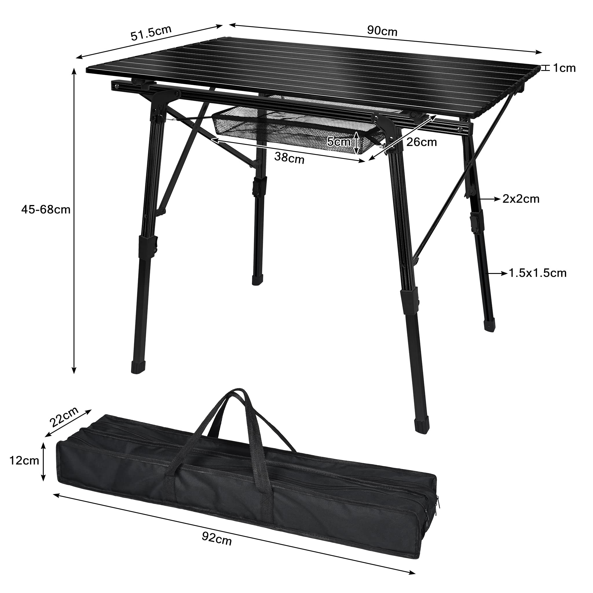 LZQ Aluminiowy stół kempingowy, składany stół z regulacją wysokości, stół kempingowy, składany stół z torbą do przenoszenia, 45 x 90 x 52 cm, na kemping, do ogrodu, na balkon, czarny