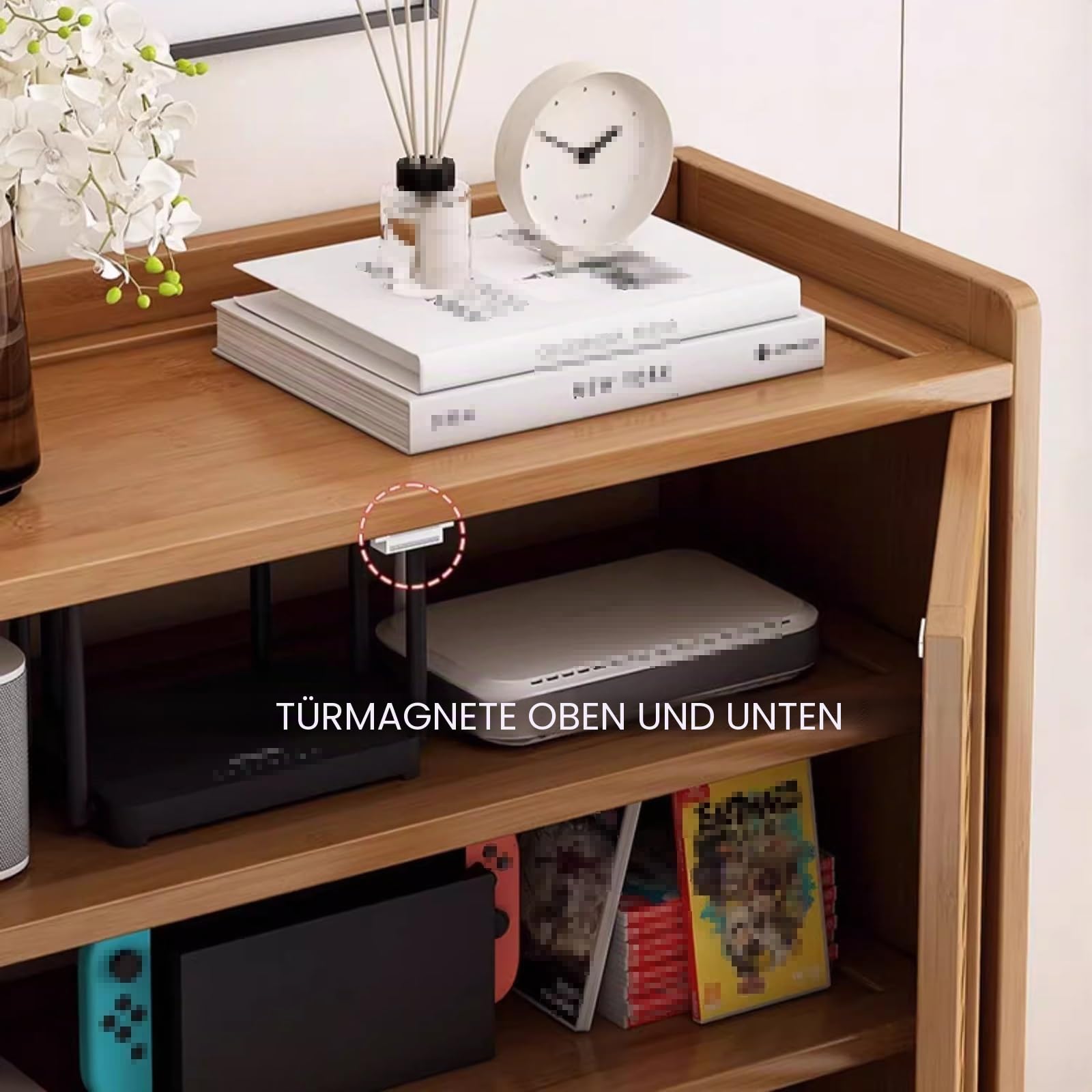 Router Schrank Verdicktes Bambusmaterial Magnetisches Türdesign | Verstellbare Regale Multifunktional Router Aufbewahrungsbox für Büro und Haus(White,59*25*97cm)