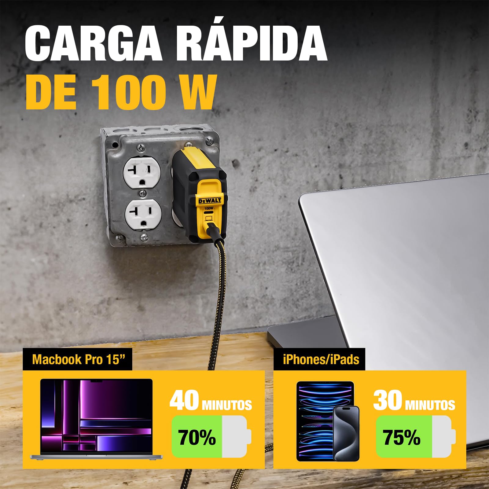 DEWALT Cargador USB-C EU 100W Heavy Duty (GAN), Cargador de Pared Rápido 2 Puertos 100W para MacBook Pro, MacBook Air, Google Pixelbook, ThinkPad, DELL XPS, iPad Pro, Galaxy S22/S20, iPhone 17/16