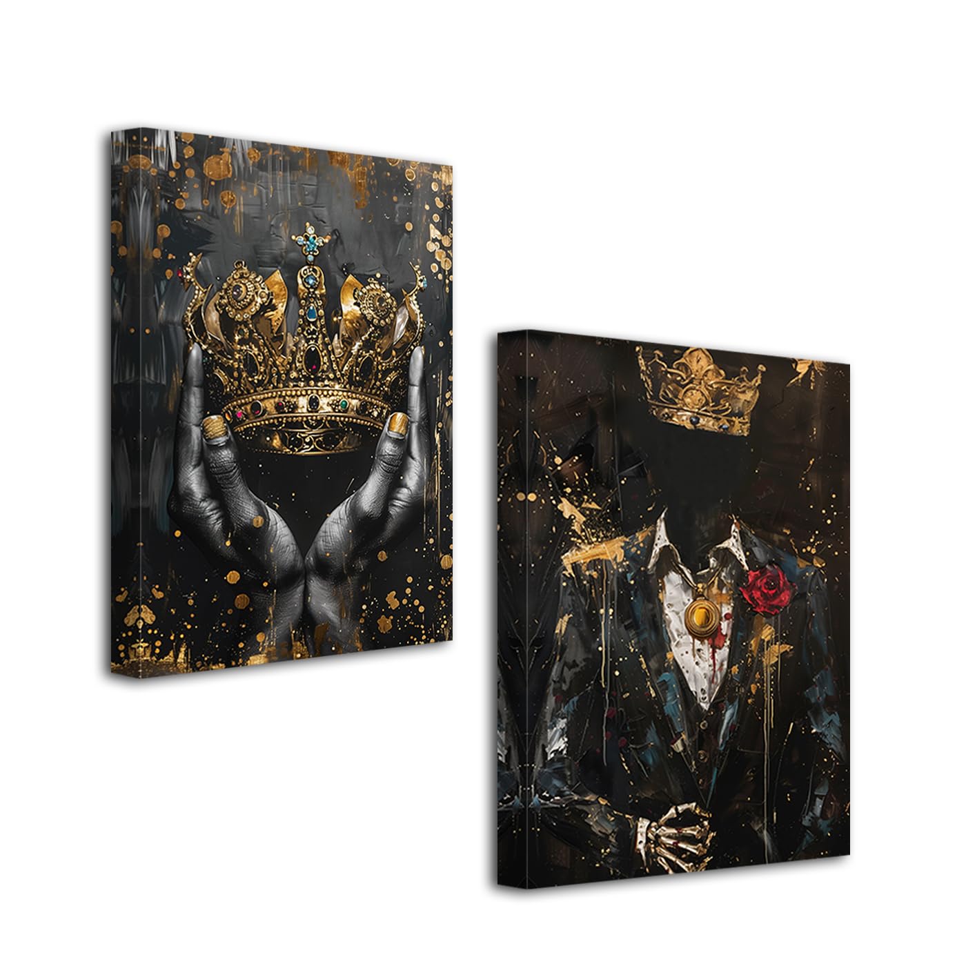 CCWACPP African American Wall Art Black Man Pictures 2 Pieces Black King Painting Prints Gold Crown Poster Living Room Office Corridor Decor Frame (40x60cmx2)