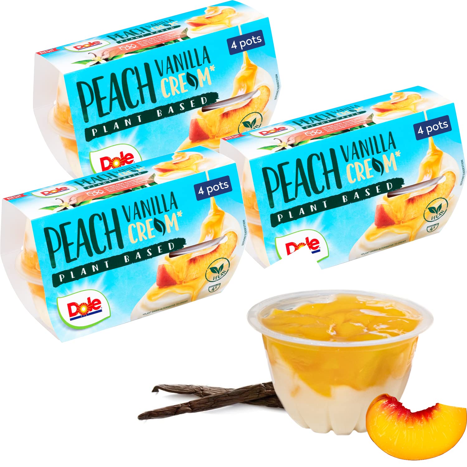 DoleFruit & Cream Peach & Vanilla 3 x 4 Packs, Healthy Snack Made with Fresh Fruit, No Added Sugar Fruit Bowls, Perfect for Breakfast & Dessert or Adding to Recipes