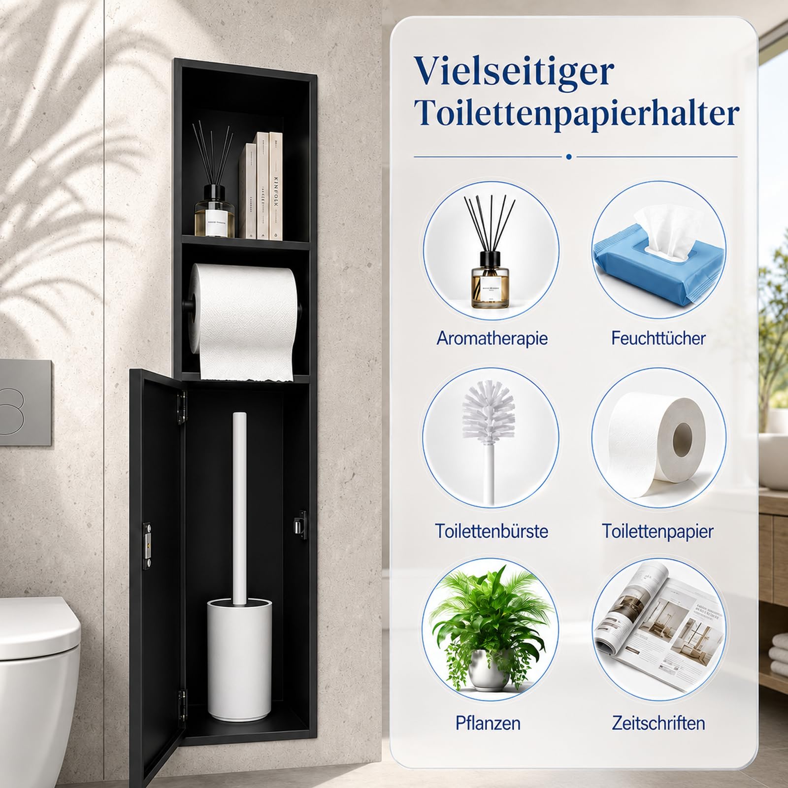 Unterputz Toilettenpapierhalter Edelstahl mit Klobürstengarnitur | 80 x 18 x 12,5 cm Badezimmerschrank mit Toilettenpapierhalter, und Badezimmer-Schrankfunktion, Matt Schwarz