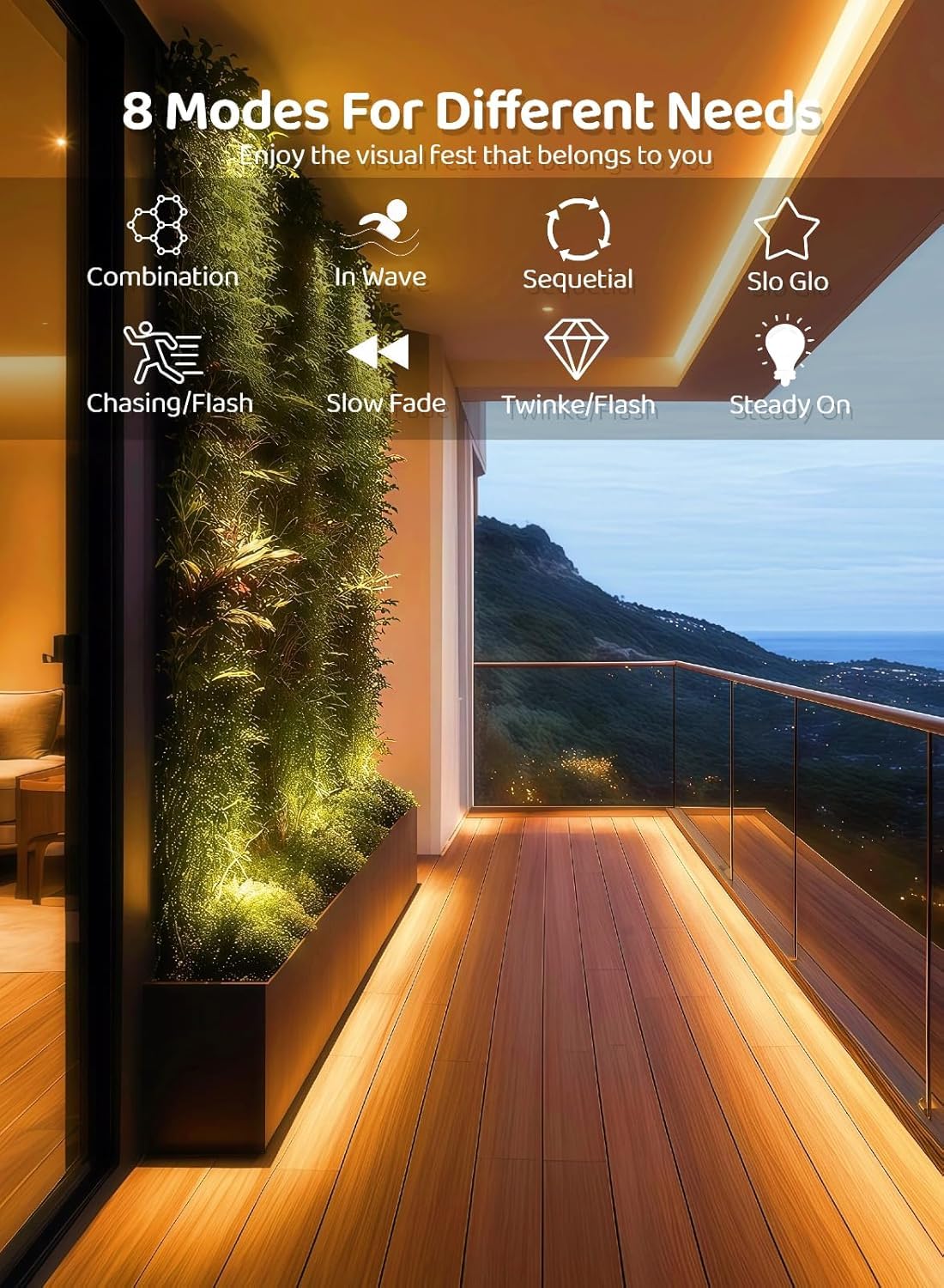 Striscia LED solare per esterno impermeabile IP65 striscia LED luce Calda 3000K flessibile per giardino, terrazza, balcone, gazebo, viale, decorazione (5 METRI)