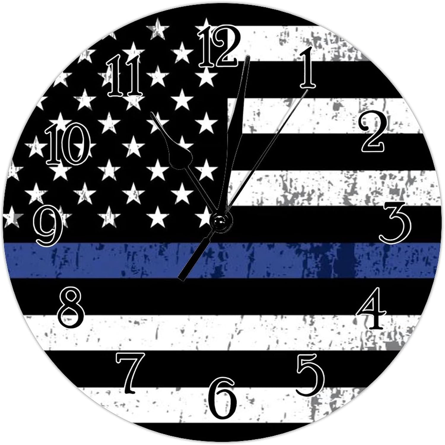 Thin Blue Line Black American Flag Police Hanging Wall Clock Quality Quartz Battery Operated Silent Home Decorative Clocks Thin Blue Line Flag Police Flag Clock Farmhouse 15inch Round Clock