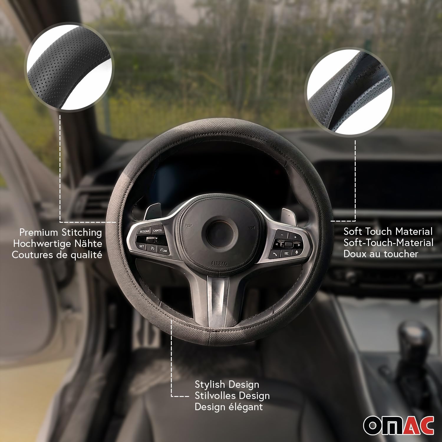 OMAC 14.5-15.5’’ Steering Wheel Cover Black Dotted Leather Anti-Slip Breathable