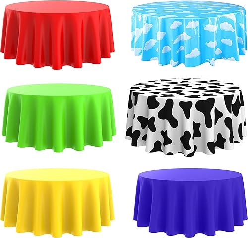 Kinlop Mantel redondo de 6 piezas para fiesta de cumpleaños de 84 pulgadas, mantel con estampado de vaca azul cielo blanco nubes circulares de