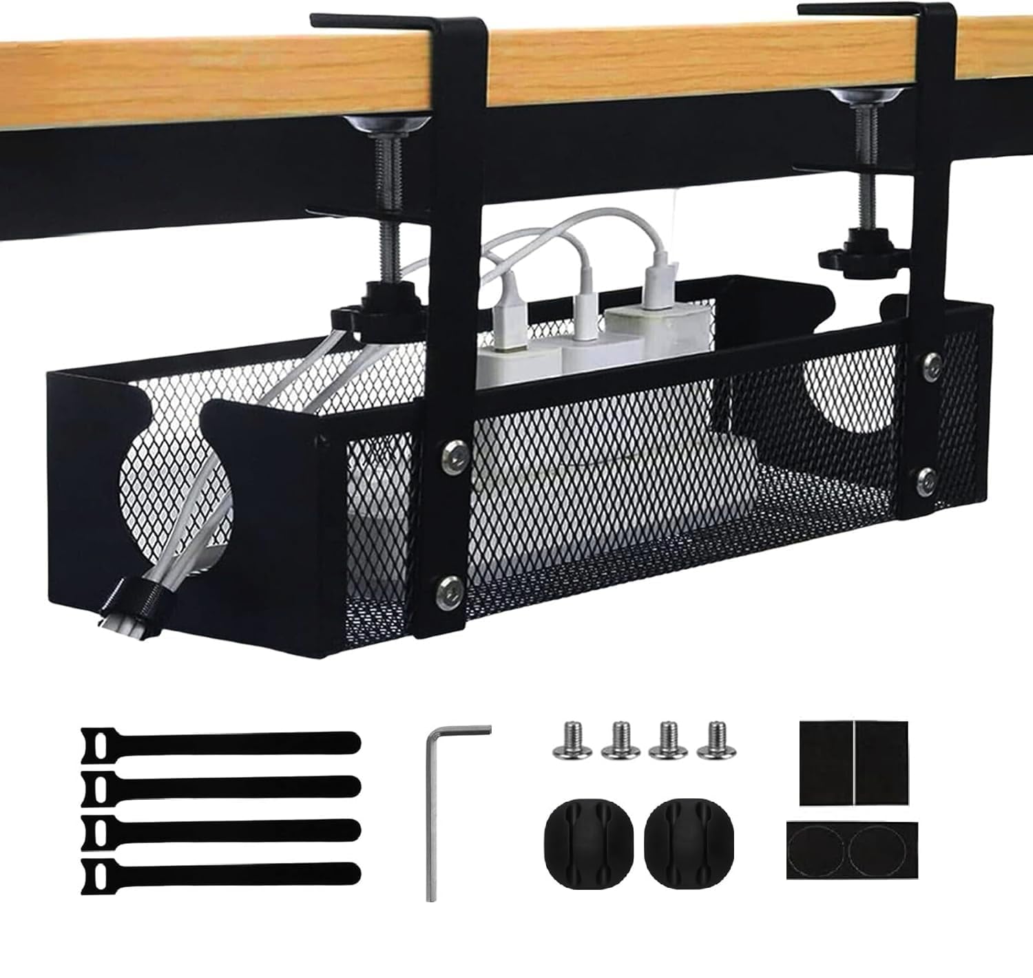 Under Desk Cable Management Tray- No Drill Steel Cord Management Under Desk Wire Box- Adjustable Desk Cable Organizer- No Damage To Desk Standing Desk Cable Management For Office Home (13.38 inch)