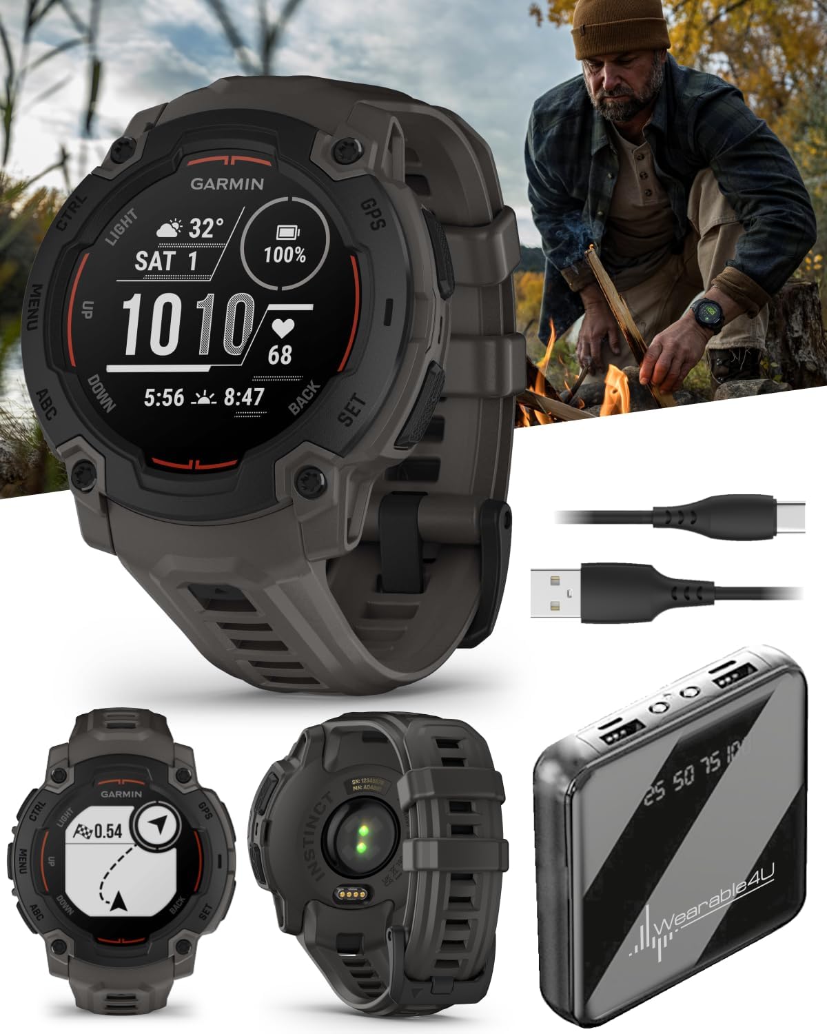 Garmin Instinct E 45mm, Rugged Outdoor GPS Smartwatch, 24/7 Health Monitoring, Wrist-Based Heart Rate, Up to 16 Days of Battery Life, Black with Charcoal Band Bundle