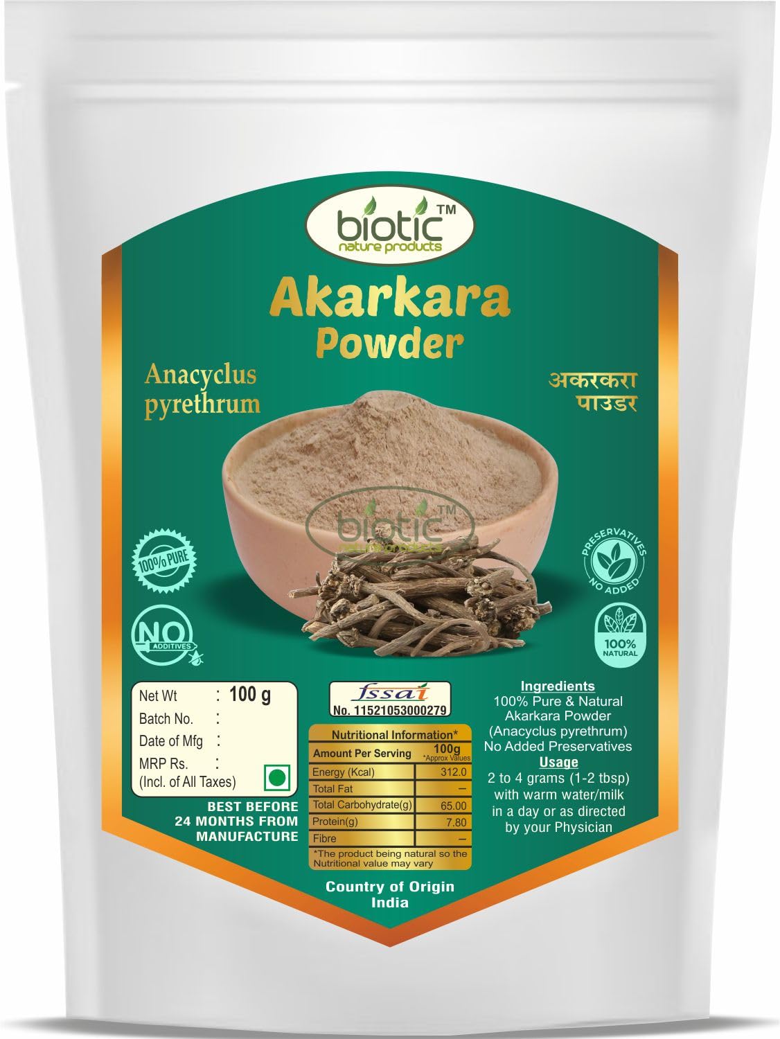 Biotic Original Akarkara Powder 100gm (Anacyclus Pyrethrum) Akkalakarra Root Powder