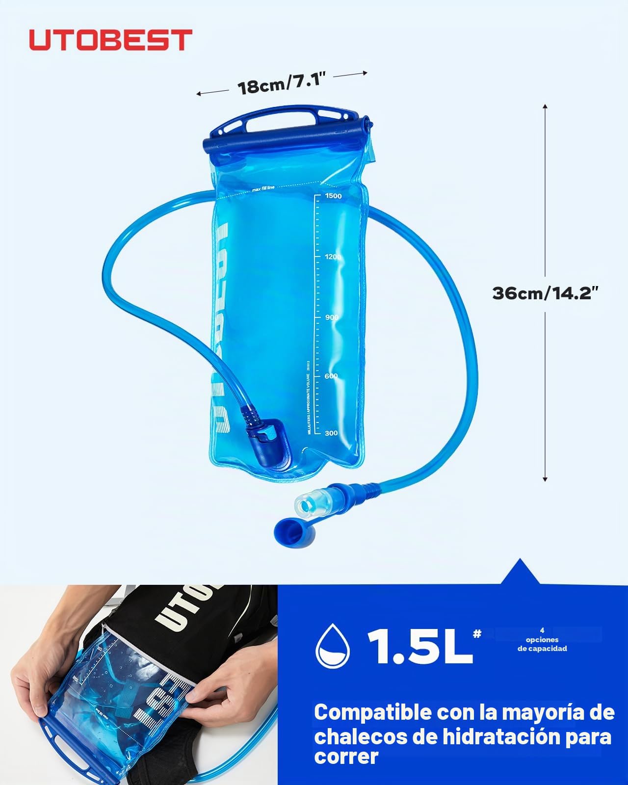 UTOBEST Vejiga de hidratación, Bolsa de Agua de 1 l, 1,5 l, 2 l, 3 l, Bolsa de Agua sin BPA, depósito de Agua a Prueba de Fugas para Correr, Ciclismo, Senderismo, Camping