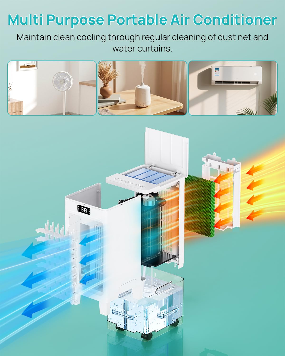 Condizionatore Portatile, 3 in 1 Raffrescatore Evaporativo, 6L Raffrescatore d'aria, 3 Velocità 4 Modalità, 4 Impacchi di Ghiaccio, Timer 1-12 ore, Telecomando, Silenzioso per Casa Ufficio