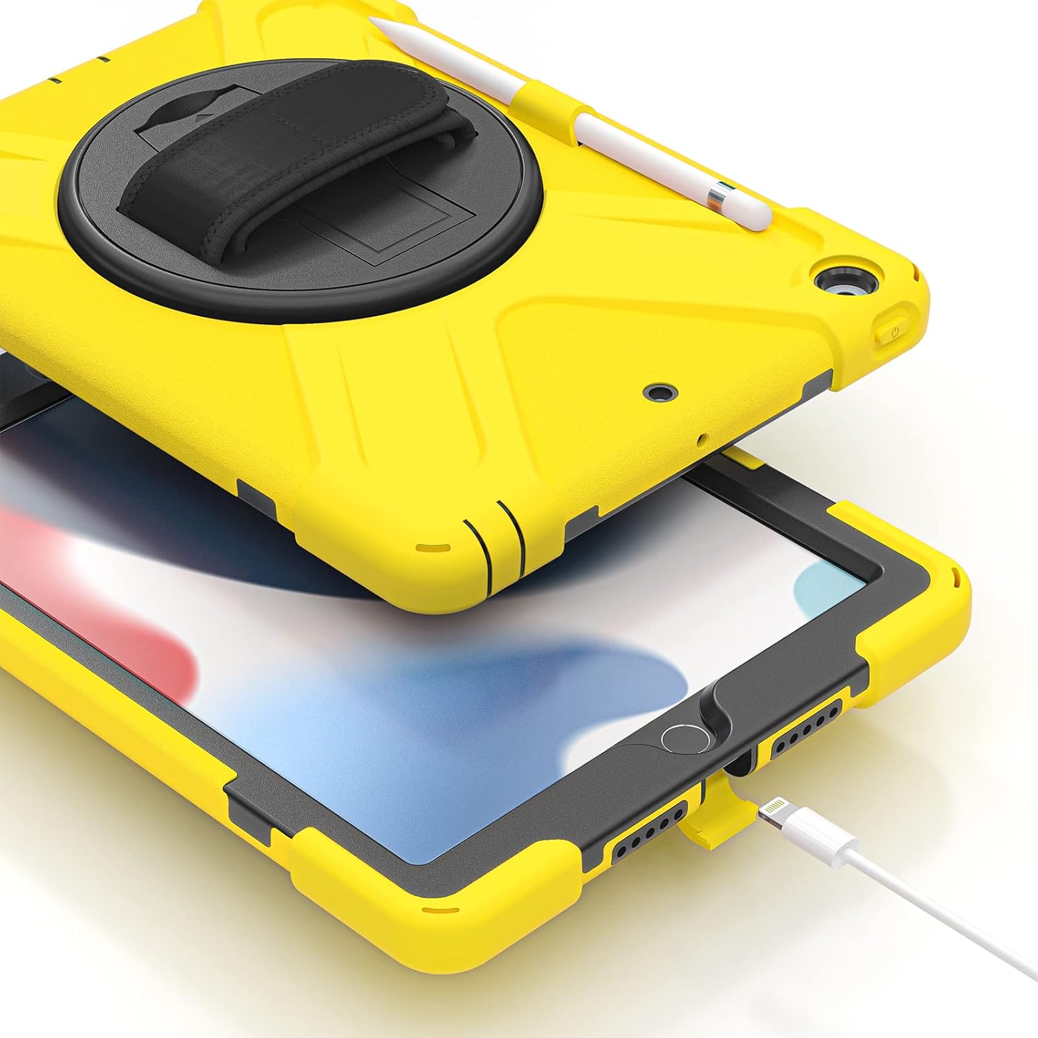 KIQ Rotating Case for iPad 9th Generation (2021) / 8th Generation (2020) / 7th Gen (2019) 10.2 Inch - 360 Rotating Stand Protective Drop-Proof Cover with Pencil Holder/Shoulder Strap Yellow