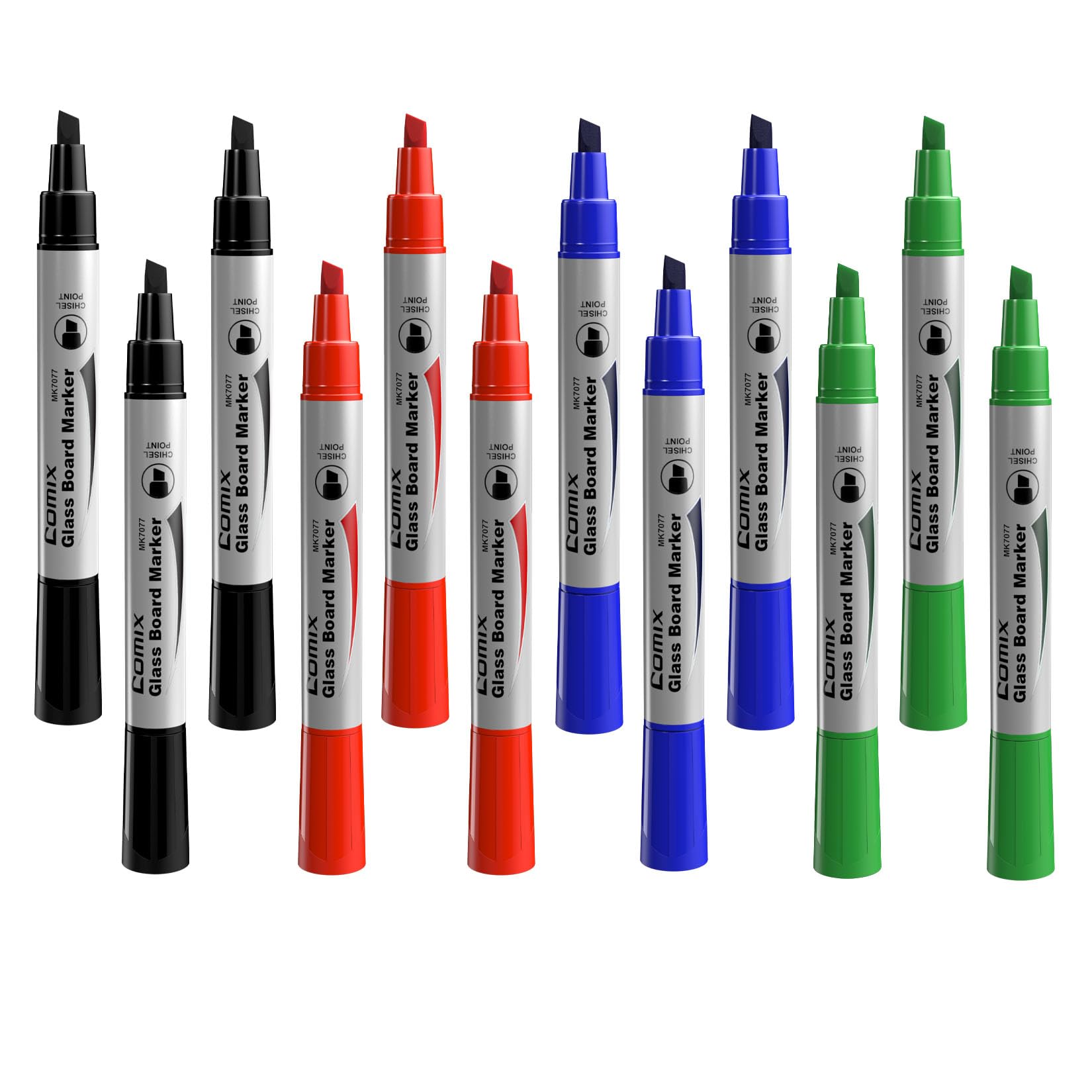 Comix Glass Board Dry Erase Markers, Low Odor Whiteboard Markers, Chisel Tip, 4 Assorted Colors, 12 Pack