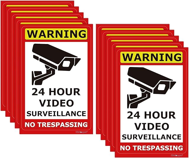 10 Pack 24 Hour Video Surveillance Sign, Wisdompro CCTV Security Camera Sign, 4 x 6 Inch No Trespassing Warning Sticker, Indoor or Outdoor Use for Home, Business - UV Protected & Waterproof