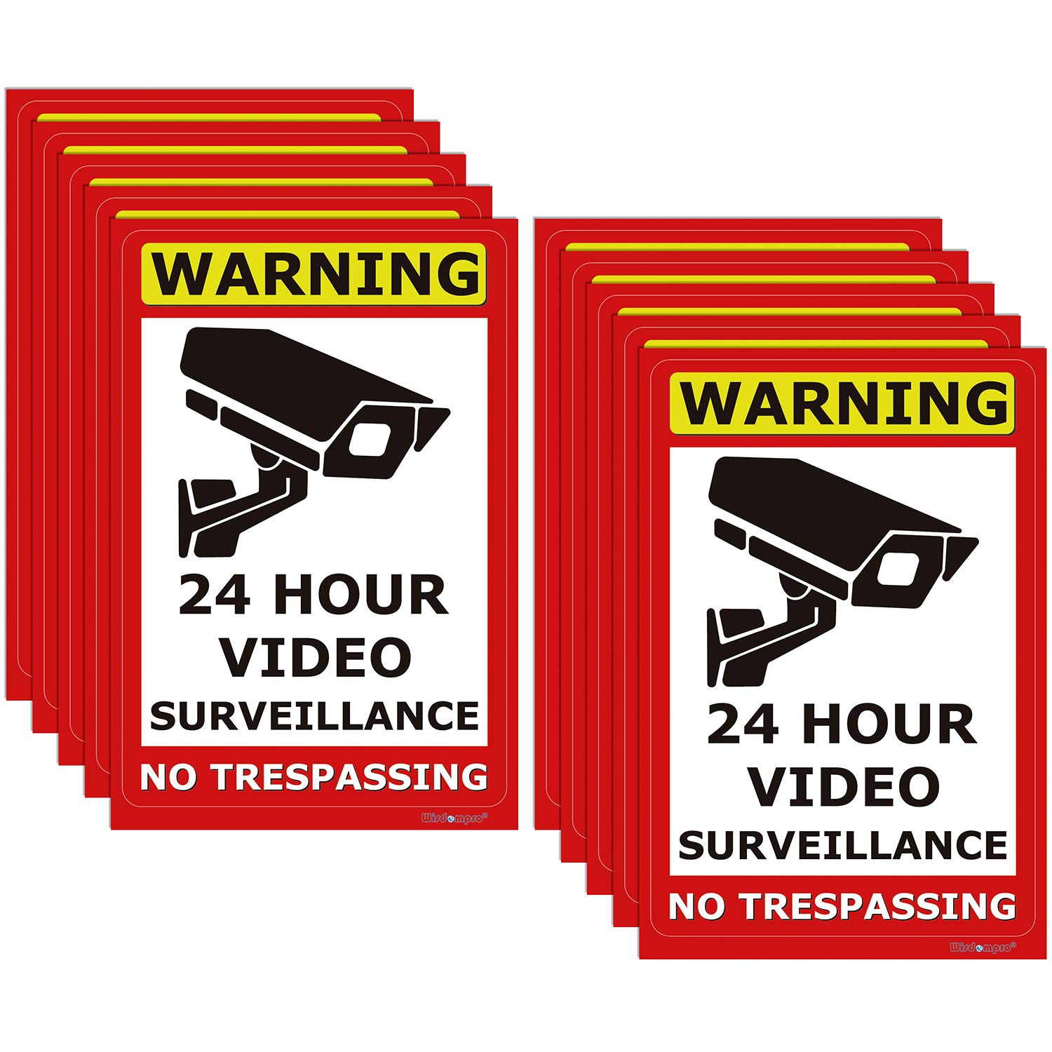 Wisdompro 10 Pack 24 Hour Video Surveillance Sign, CCTV Security Camera Sign, 4 x 6 Inch No Trespassing Warning Sticker, Indoor or Outdoor Use for Home, Business – UV Protected & Waterproof