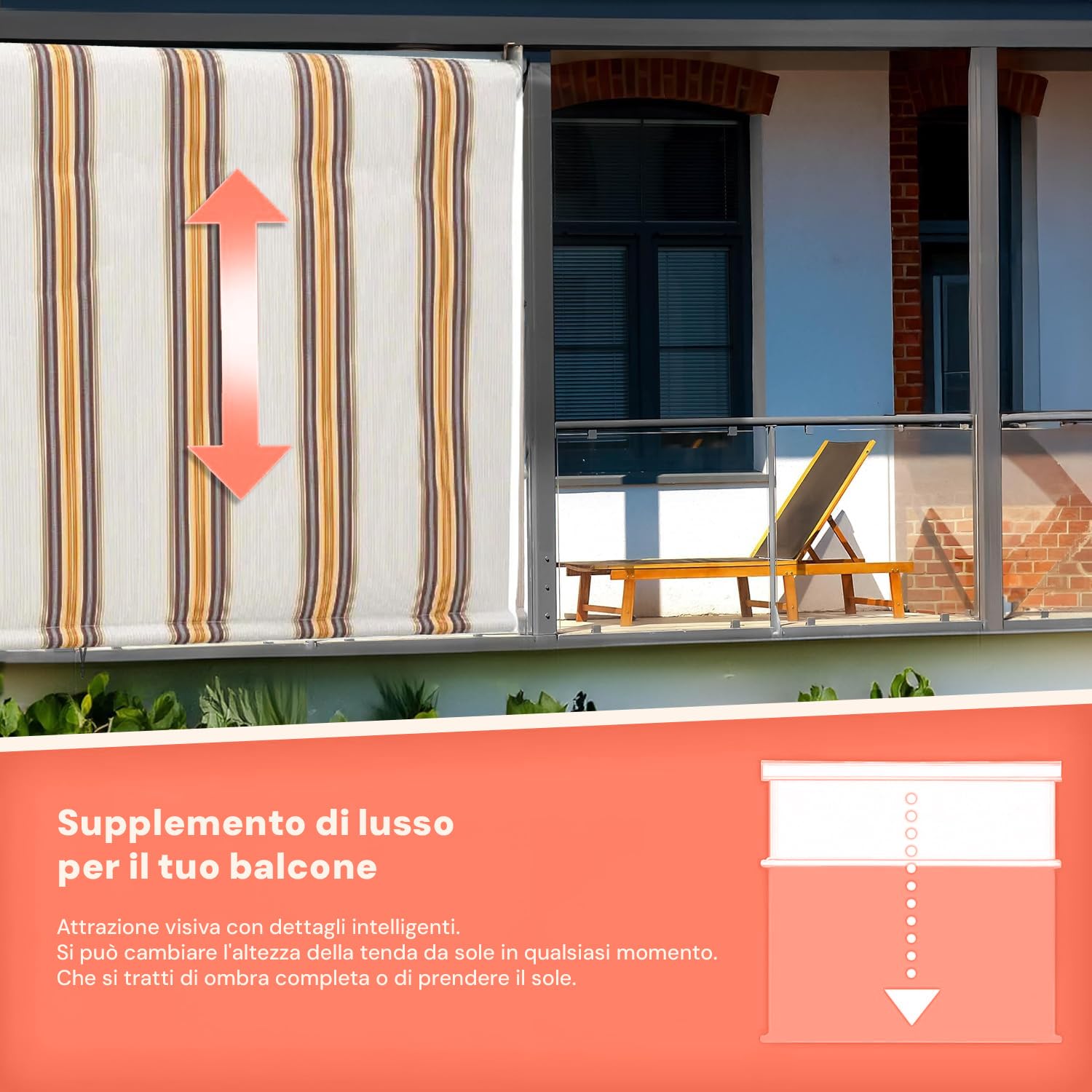 Tenda da Sole a Caduta 150x250 cm con Rullo in Alluminio, Parasole Esterno a Righe Beige, Attacco Soffitto Incluso