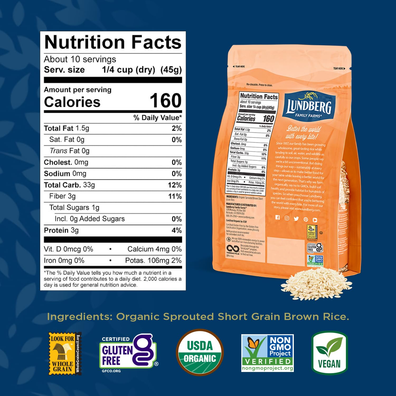 Lundberg Organic Sprouted Short-Grain Brown Rice – Nutty & Sticky, Germinated Whole Grain, 16 Oz