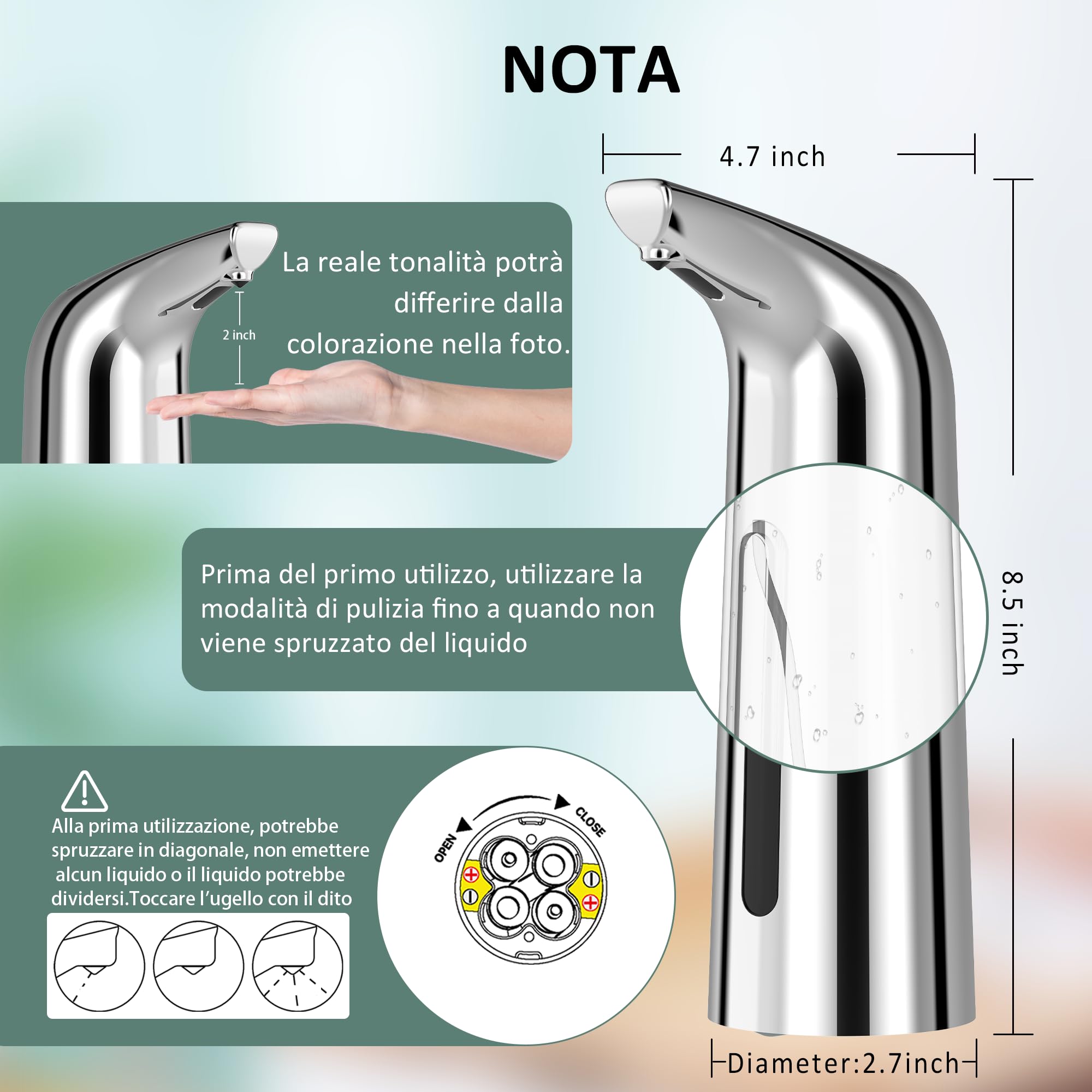 Dispenser Automatico Sapone Senza Contatto，Squisito 400ml Sensore Intelligente 4 Livelli Regolabile dispenser di sapone, Impermeabile IP65，alimentato a batteria，Adatto per Cucina, Bagno (Argento)