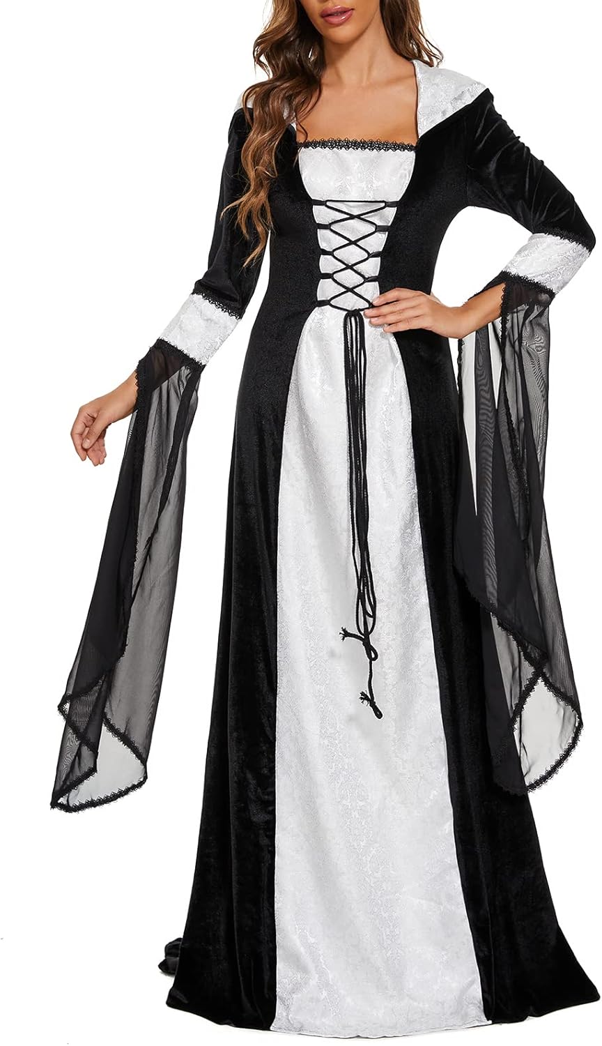 Medieval Victorian Dress for Women,Vintage Witch Halloween Renaissance Costumes Velvet Vampire Hooded Gothic Cosplay Gown - Image 2