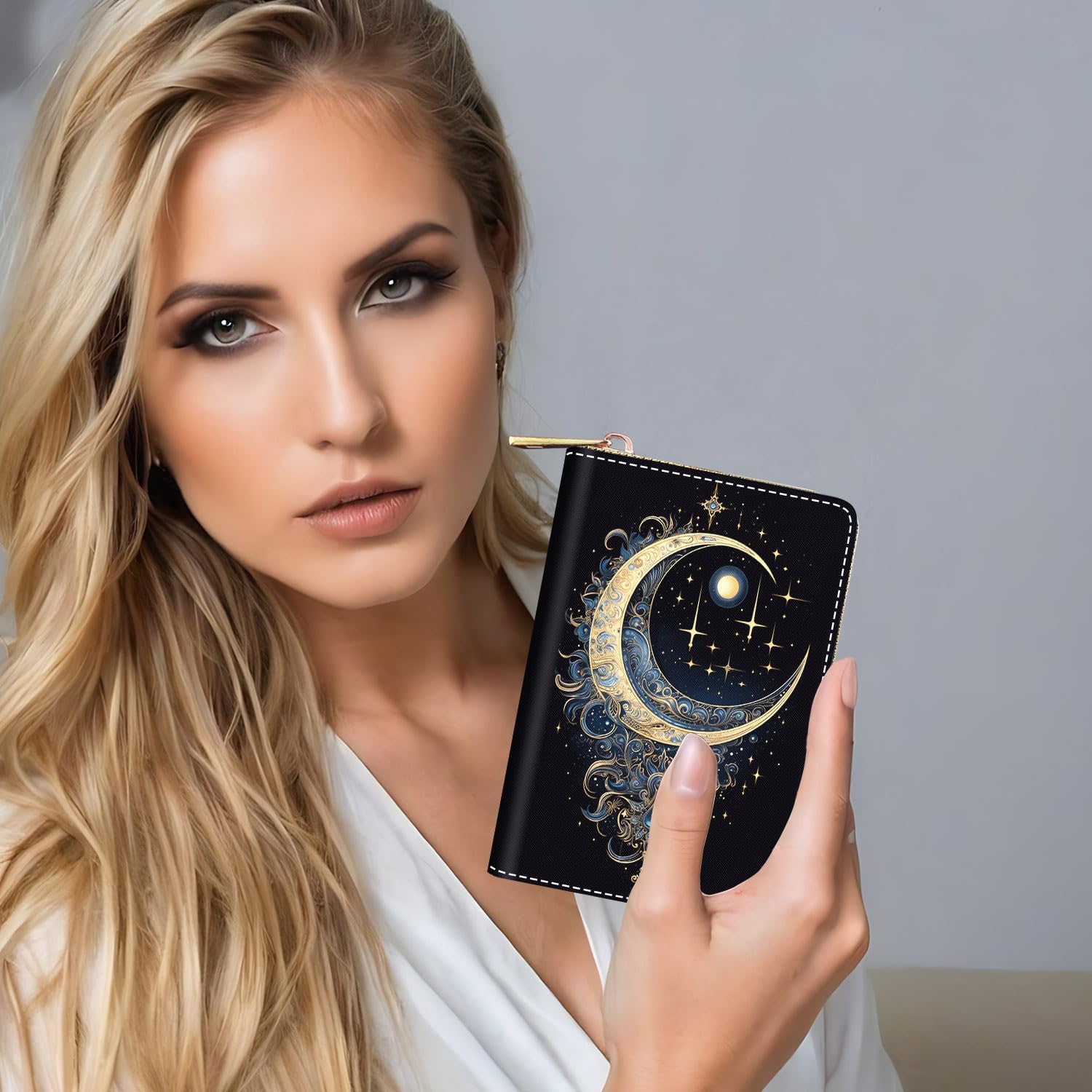 Credit Card Holder Wallets for Women, RFID Blocking Small Leather Card Case Wallet with Zipper Accordion Wallets, Celestial Theme Stars with Crescent Moon - Image 6