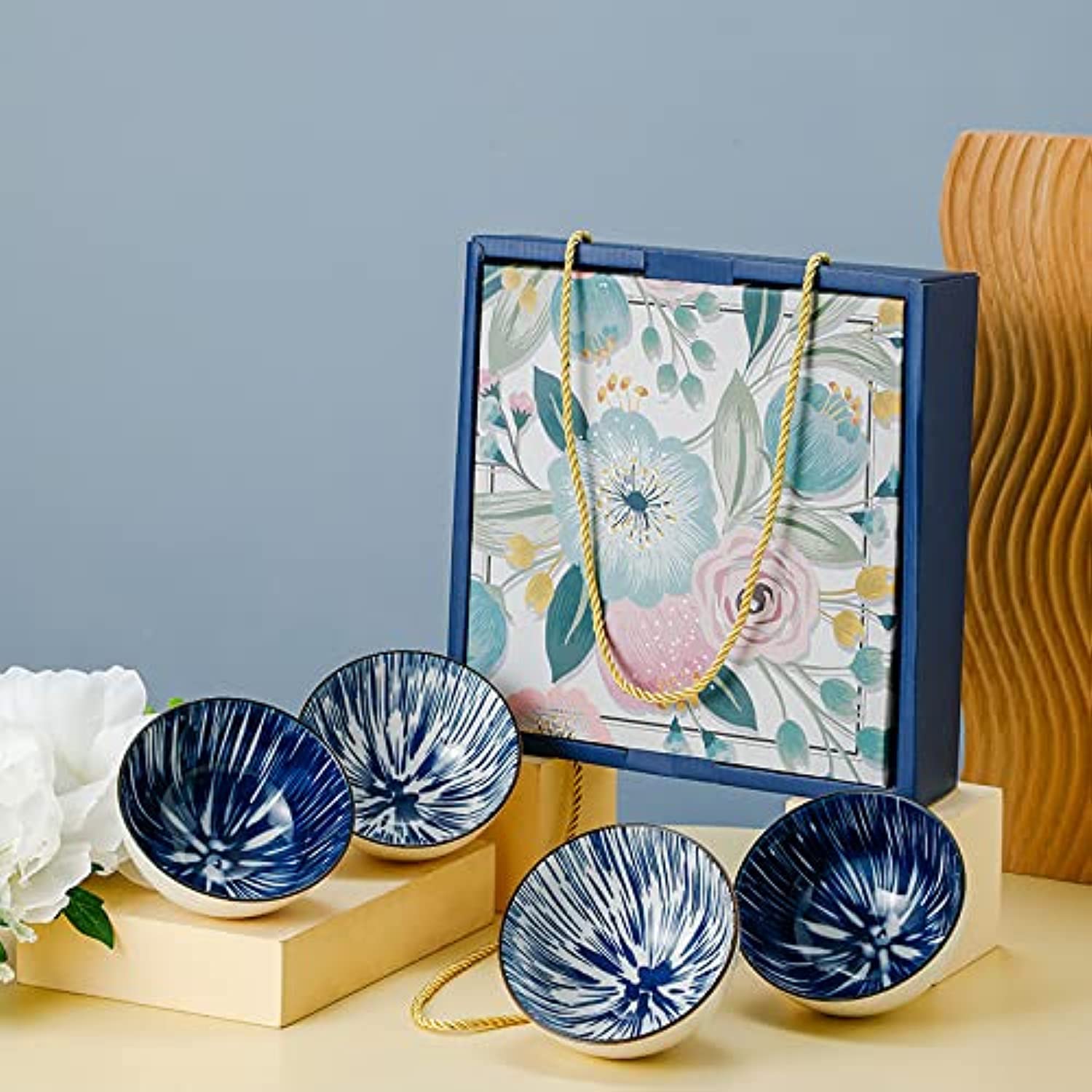 4pc Ceramic Bowl Set 4.5-inch natural healthy Japanese ceramic bowl soup dinner creative hand gift set blue and white porcelain tableware