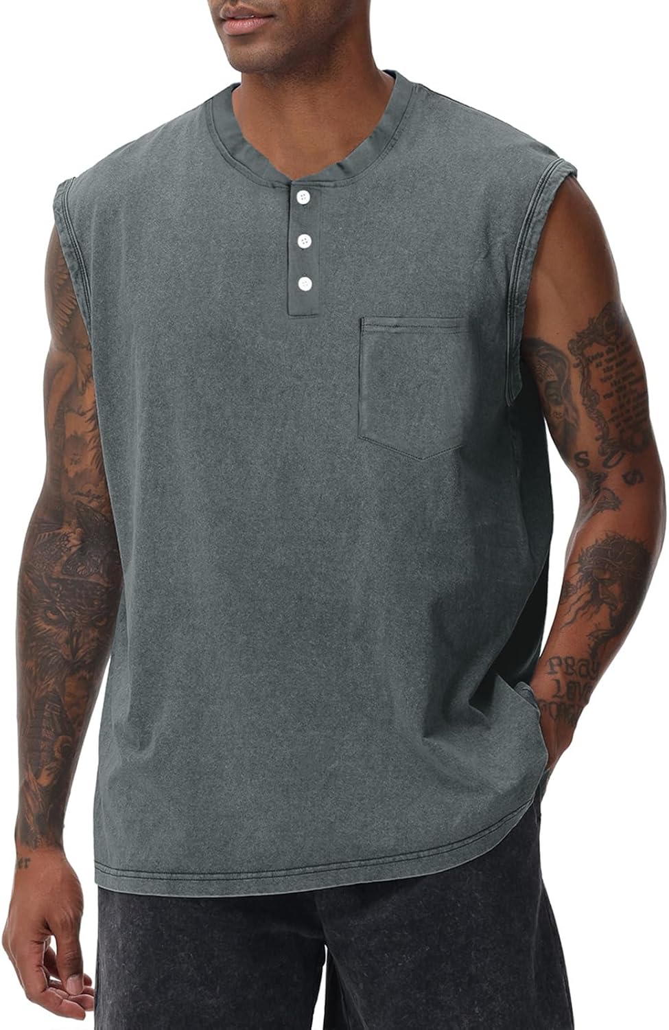 KEEPSHOWING Mens Workout Tank Tops Sleeveless Tee Shirts Muscle Gym Shirts Acid Wash T Shirts Running Loose Fit Tee