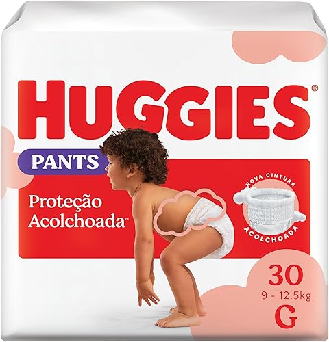 Fralda Pants Huggies Proteção Acolchoada Tamanho G 30 unidades – Nova fralda Supreme Care estilo roupinha, que veste como shortinho e com cintura acolchoada super macia que previne marquinhas, fácil de colocar e tirar (embalagem pode variar)