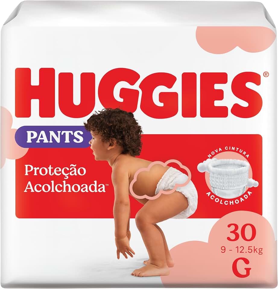 Fralda Pants Huggies Proteção Acolchoada Tamanho G 30 unidades – Nova fralda Supreme Care estilo roupinha, que veste como shortinho e com cintura acolchoada super macia que previne marquinhas, fácil de colocar e tirar (embalagem pode variar)