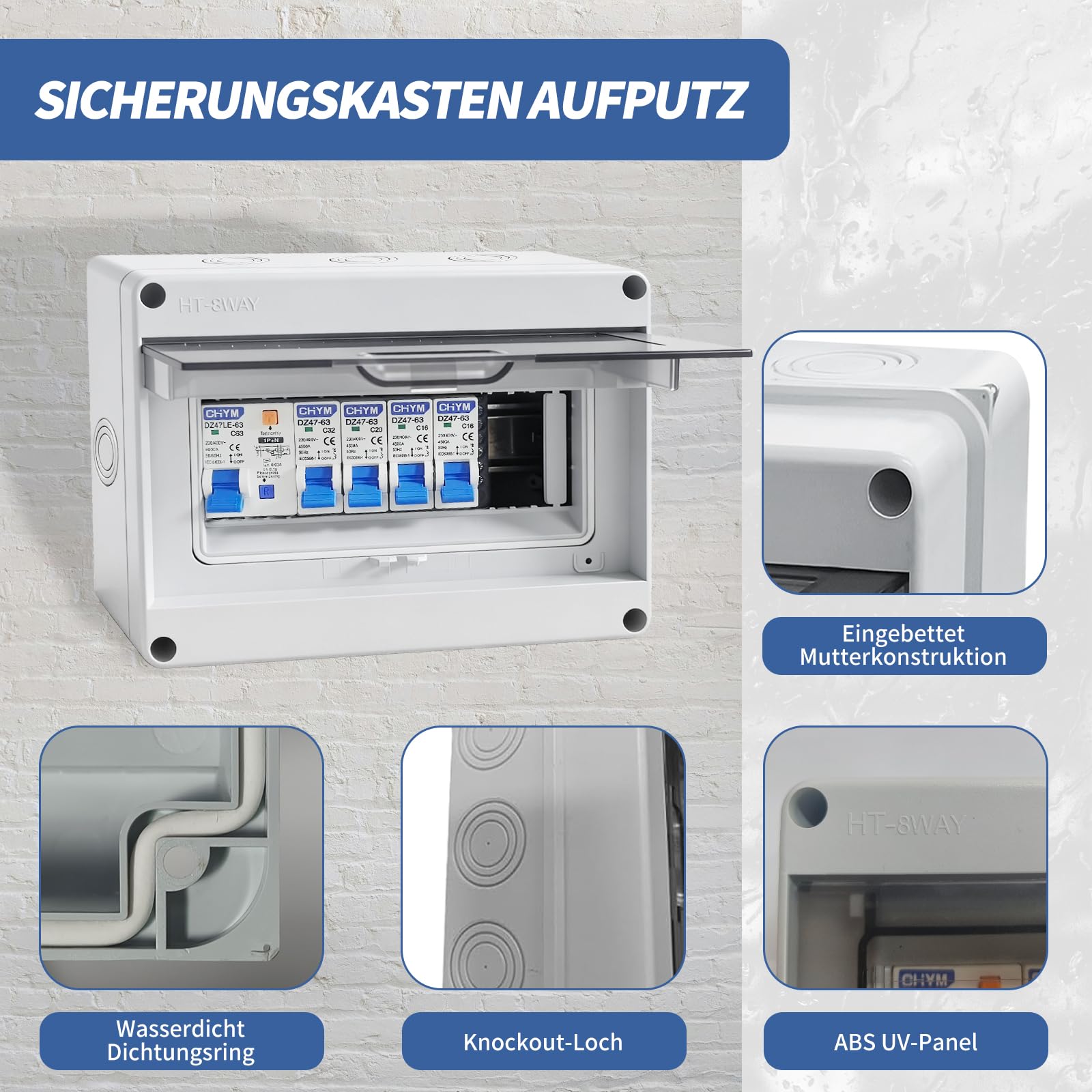 Coffret Electrique Etanche, Tableau Electrique avec Disjoncteur, Boite multiprise IP65 pour Caravanes/Garages/Ateliers/Villas, Bornier Electrique avec Disjoncteur 63A CA 2x16A + 20A + 32A