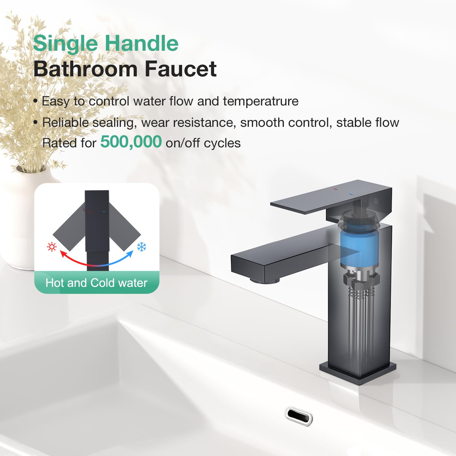 Faustina Grifo de Baño para Lavabo rectangular y Click-Clack Válvula Desagüe con Rebosadero, Grifo para Baño Mezcla dor Monomando Cuadrado con Vaciador Acero Inoxidable, Negro Mate