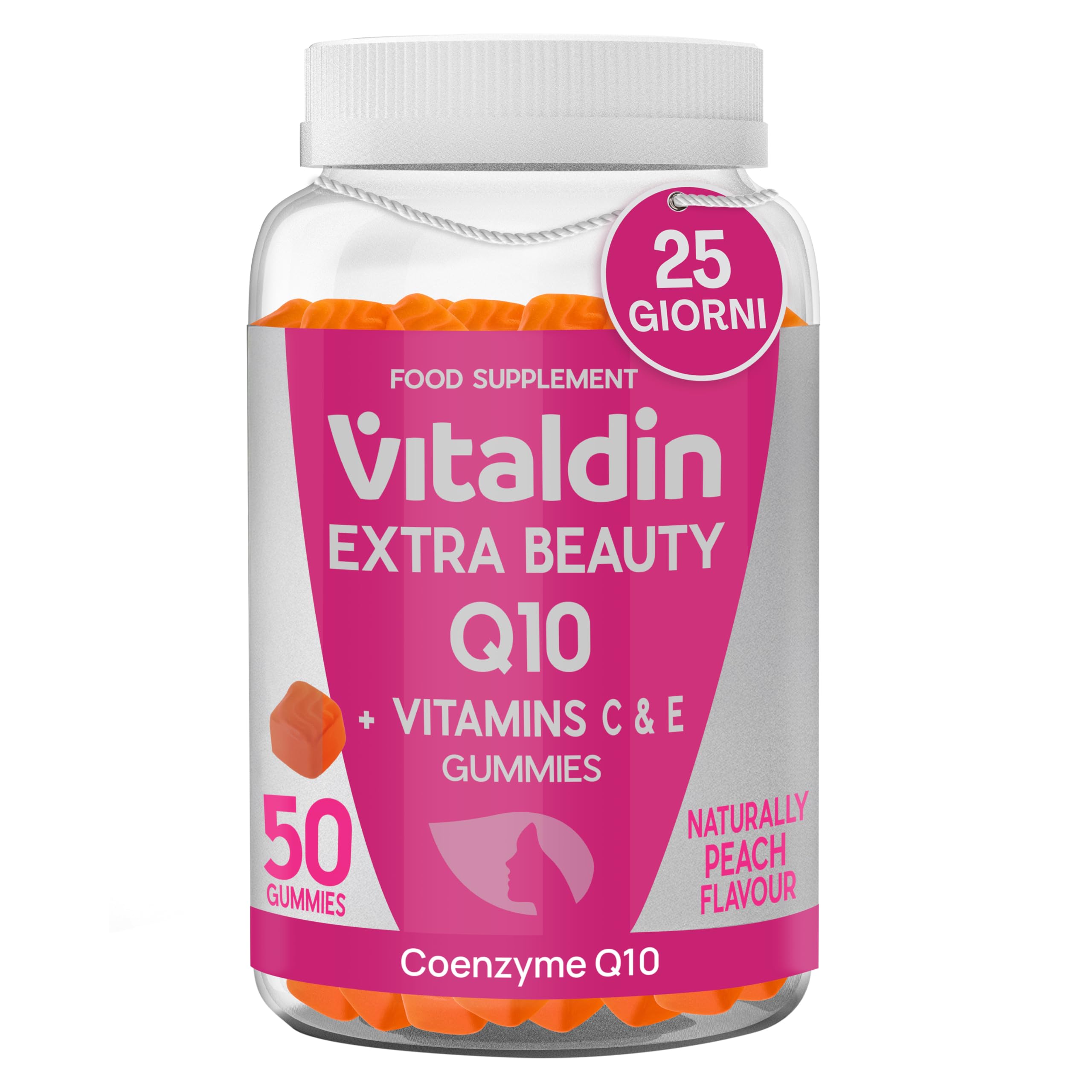 VITALDIN Coenzima Q10 Gummies – Integratore di Bellezza – 200 mg di CoQ10 per dose + Vitamina C & E – 50 Caramelle Gommose (fornitura per 1 mese), Gusto Pesca – Antiossidante – Senza Glutine