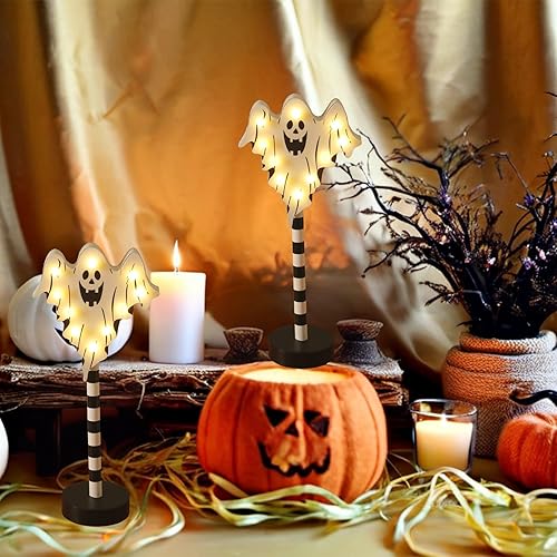 Miniatura 10 de Decoraciones de Halloween, 2 lámparas de calabaza iluminadas, para interiores y exteriores, luces decorativas de calabaza iluminadas, funciona con