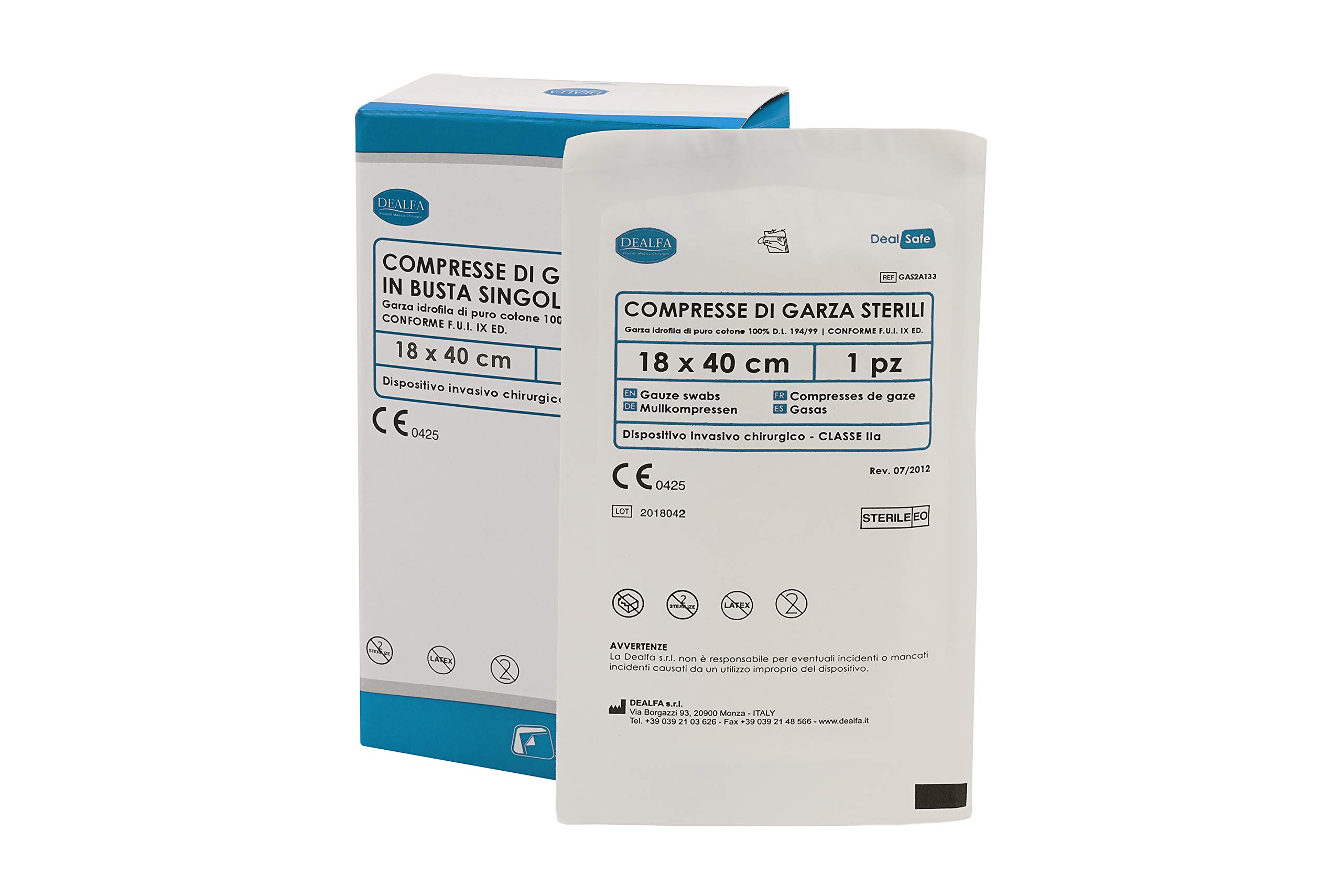 DEALFA Compresse di Garza Sterili - 18x40 cm - 100% Puro Cotone - per Medicazione, Cura e Pulizia Ferite - Monouso - Busta Singola da 1 Pezzo - Confezione da 12 Buste