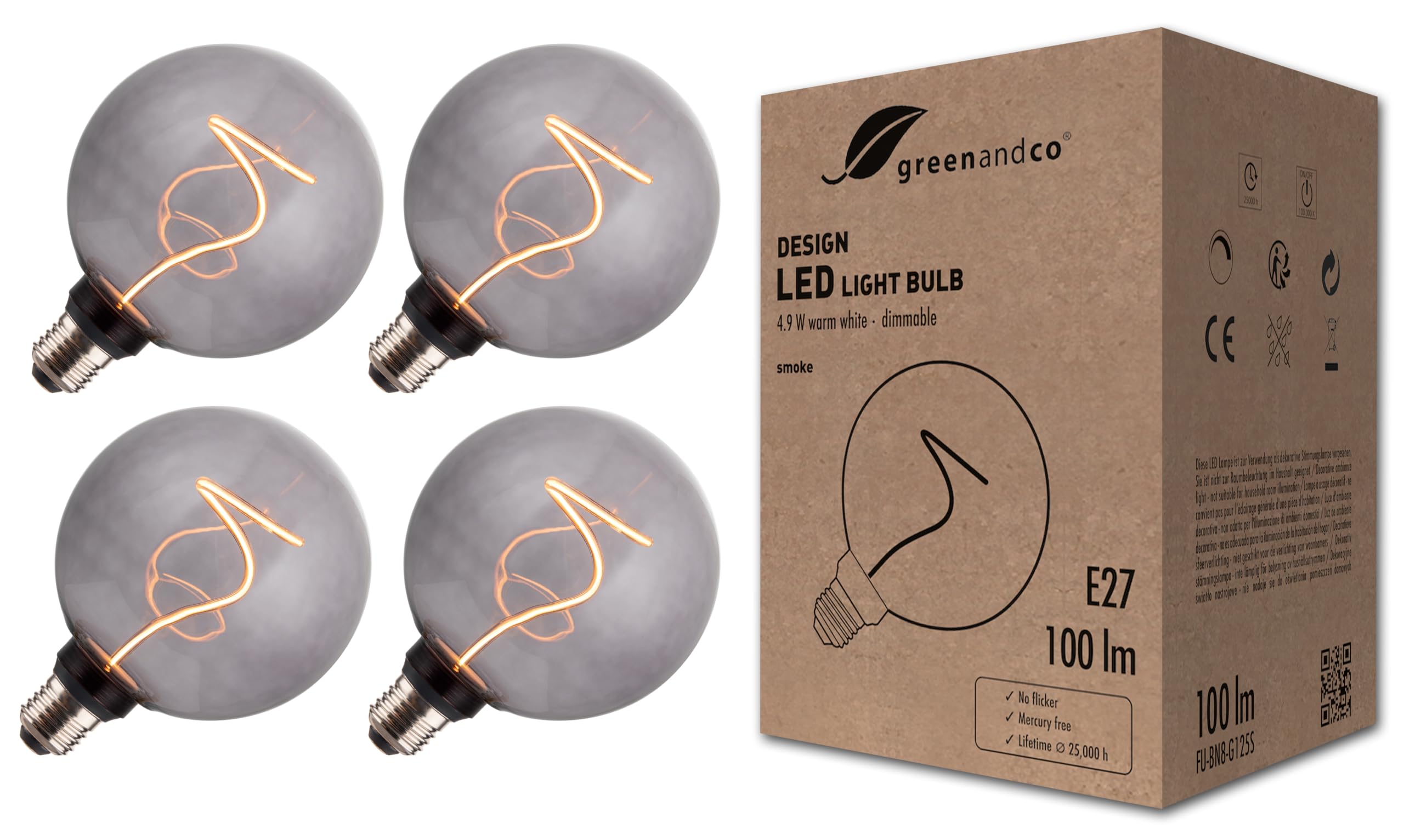 greenandco 4 żarówki LED w stylu vintage z możliwością ściemniania do oświetlenia nastrojowego, E27 G125, 4,9 W, 100 lm, 1800 K (bardzo ciepła biel) | 320° | 230 V | szary przydymiony | bez migotania