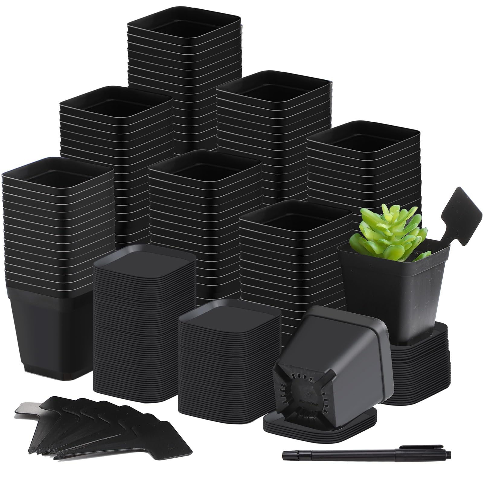 Zubebe 140 Pcs Plastic Plant Pots with Saucers, T Type Plant Labels, and Marking Pen for Indoor and Outdoor Use, Black